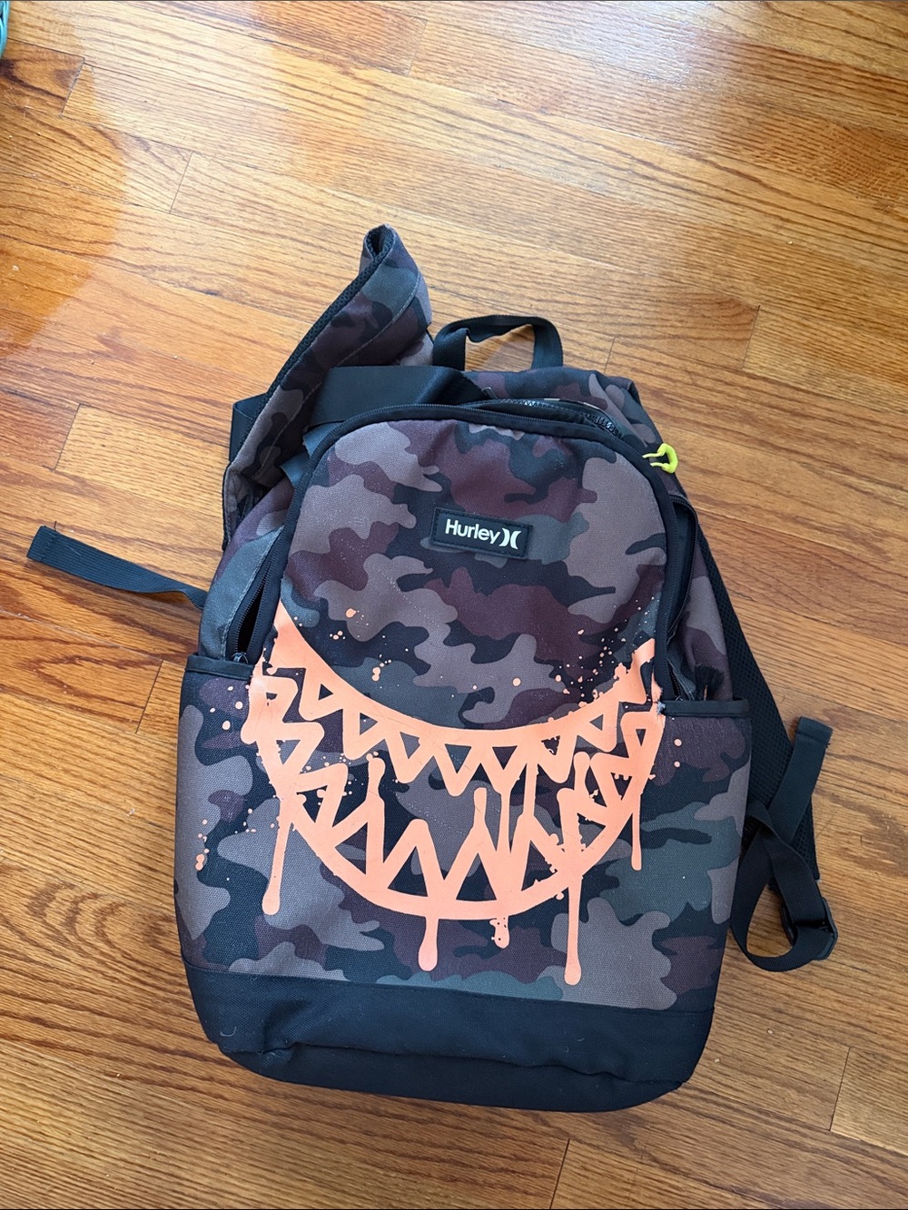 Hurley Camo Backpack with Neon Orange Graphic